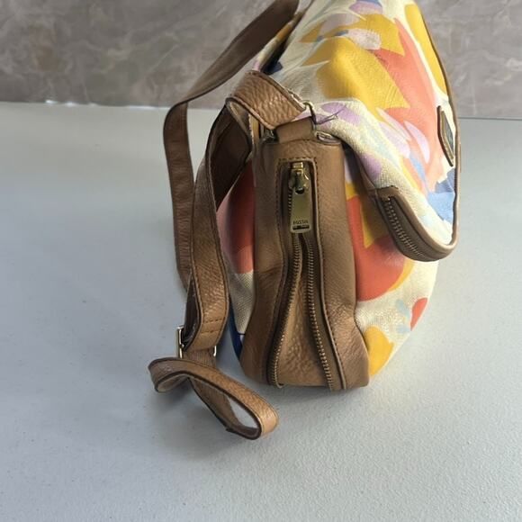 Fossil Preston Crossbody Purse Leather Canvas W/ Floral Pattern Flap Zip Around - Picture 6 of 16
